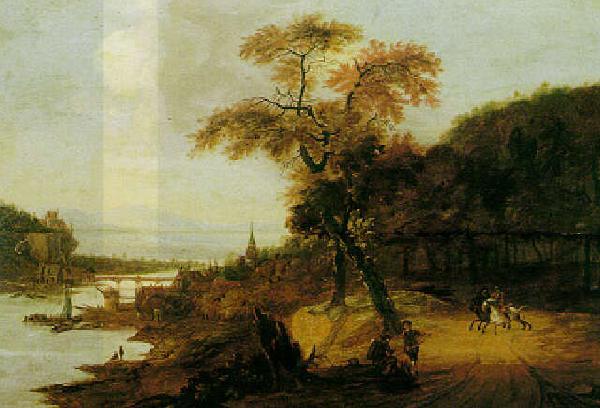 Jacob van der Does Landscape along a river with horsemen, possibly the Rhine. oil painting image